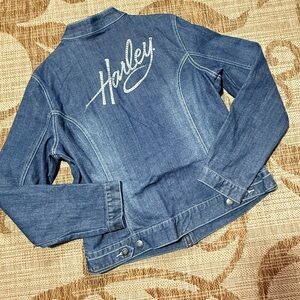 HARLEY DAVIDSON bomber denim rhinestone jacket, bling detail! Size large 10/12